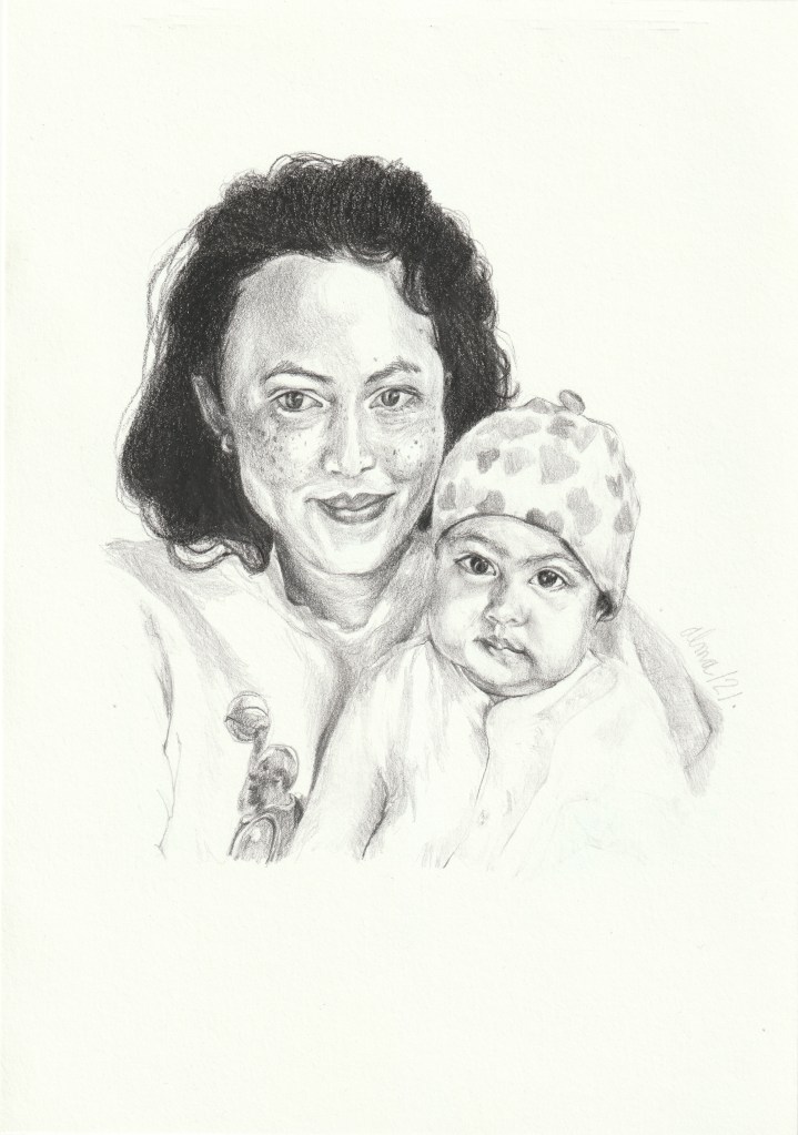 Dibujo a lápiz de una madre con su hija